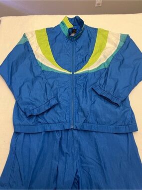 VTG 90s Active Elements Colorblock Windbreaker Tracksuit Set Jacket Pants L Blue